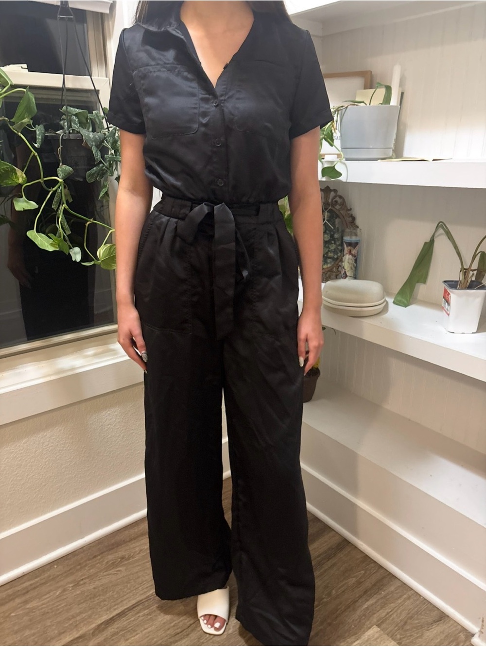 Krush Black Short-Sleeve Wide-Leg Jumpsuit with Tie Waist